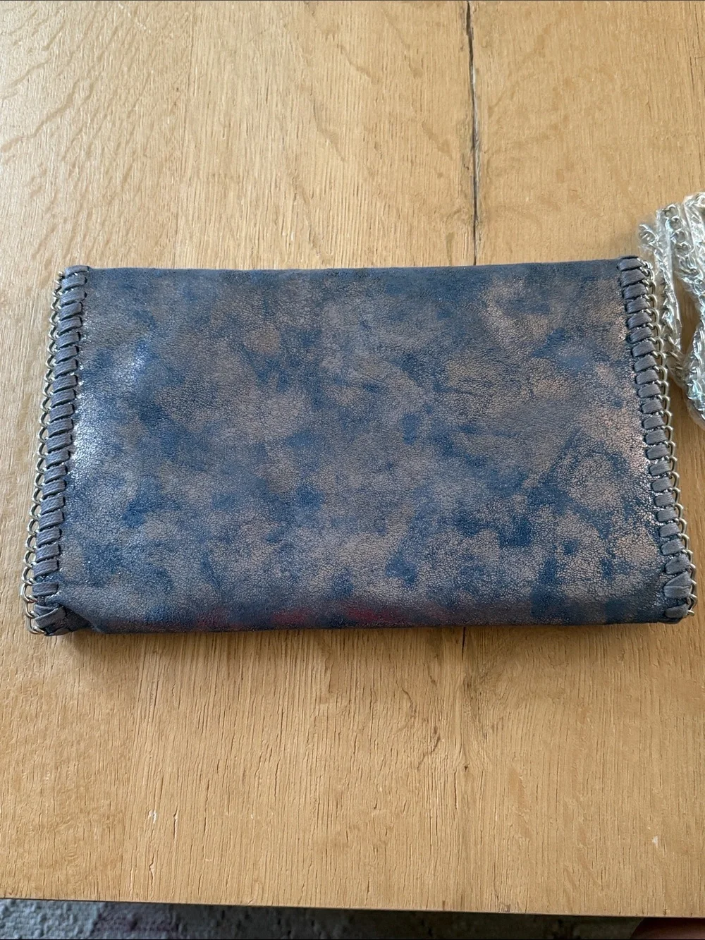 Phaser Purplish Gray Metallic Leather Crossbody Clutch with Chain Trim